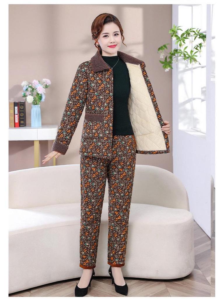 Hengyuanxiang Women's Winter Pajama Set: Cotton Padded Jacket & Pants with Velvet Lining for Middle-Aged and Elderly