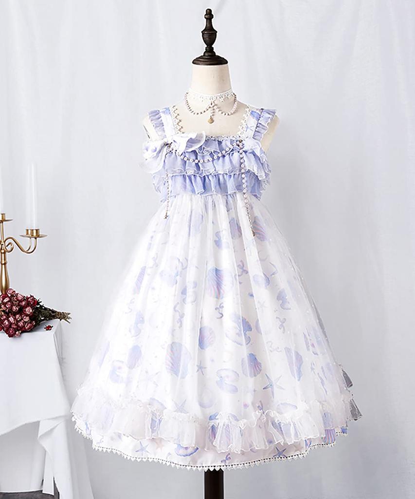 Milky Time Women's Sweet Lolita Dress, Natural Organza Shell Cosplay Costume, Medium (Blue)
