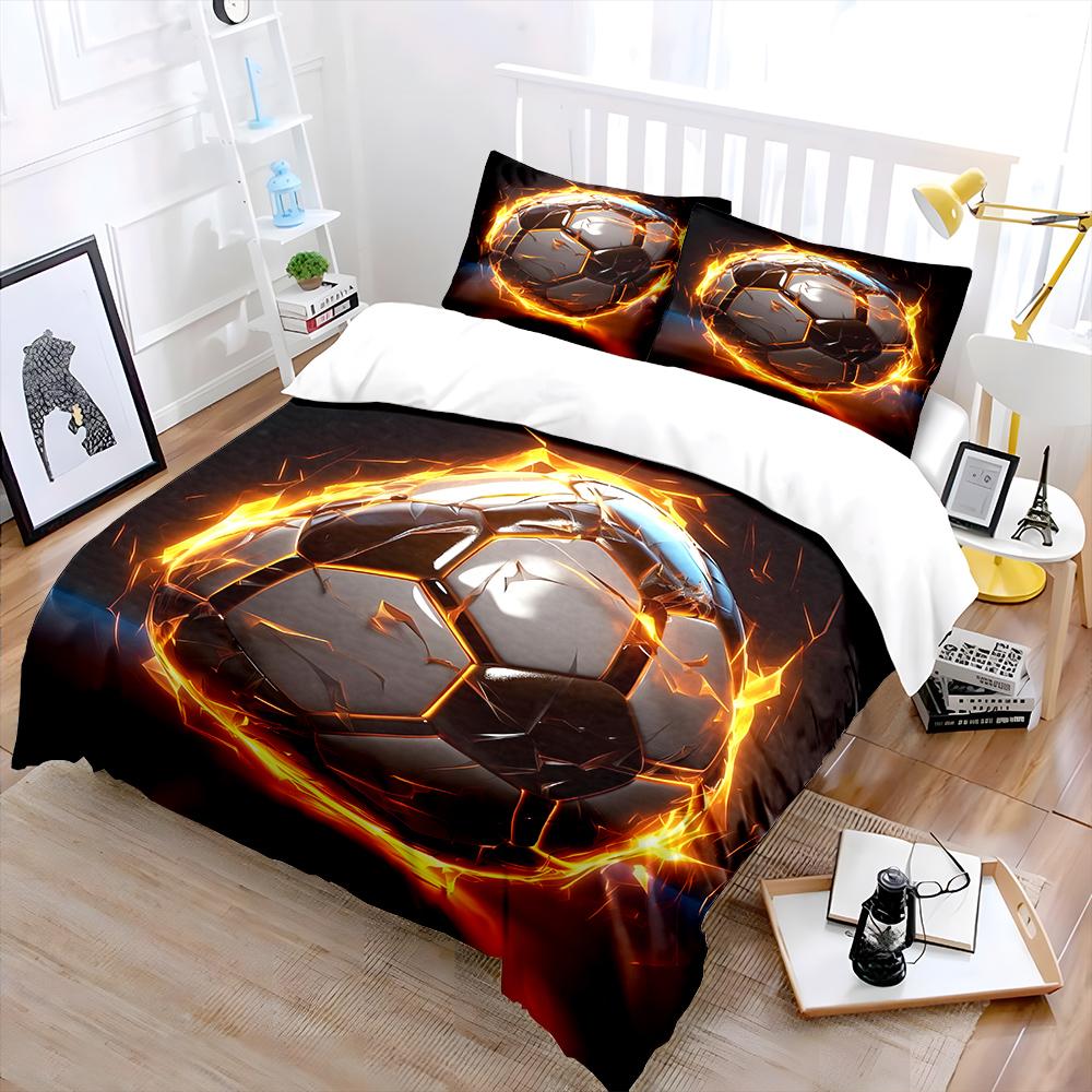 Flaming Soccer Ball print Bedding Set for Kids Luxury Gift 3pcs Digital Print Comforter Set Soft Comfortable Breathable