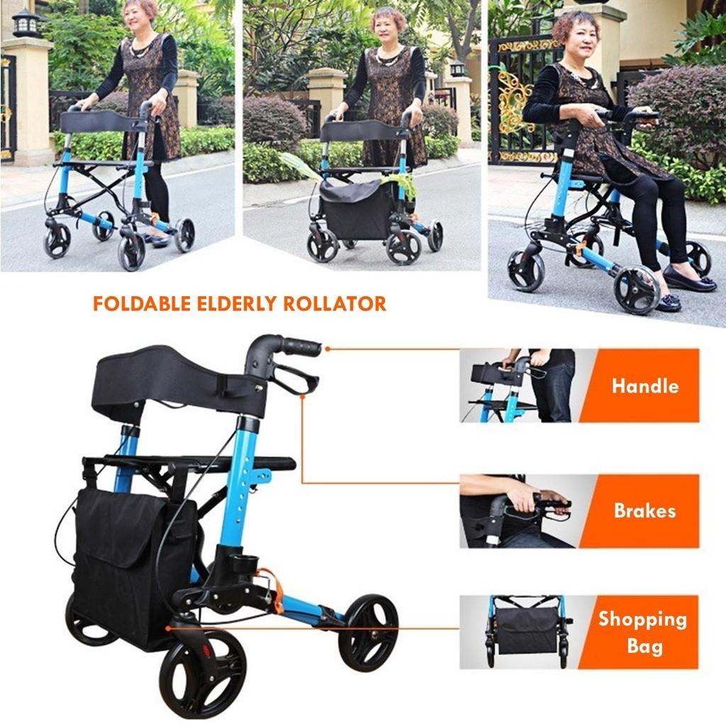 Walking Aid With Seat Basket And Wheels New Foldable Elderly Rollator Red / Blue Auxiliary Travel Shopping Elderly Walker