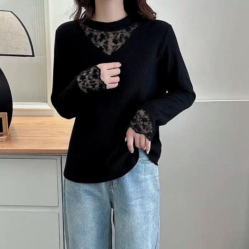 Spring New Women's Clothing Design with Hollow Out Long Sleeved T-shirt for Autumn and Winter Paired with an All Match Top