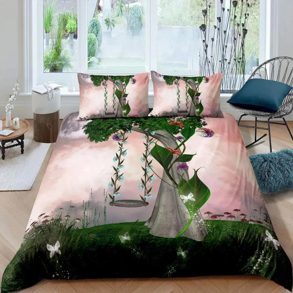 Funda nórdica de bosque de hadas y setas, juego de cama de planta de hongo de dibujos animados liliputiense mágico, funda de edredón de poliéster de jardín de fantasía