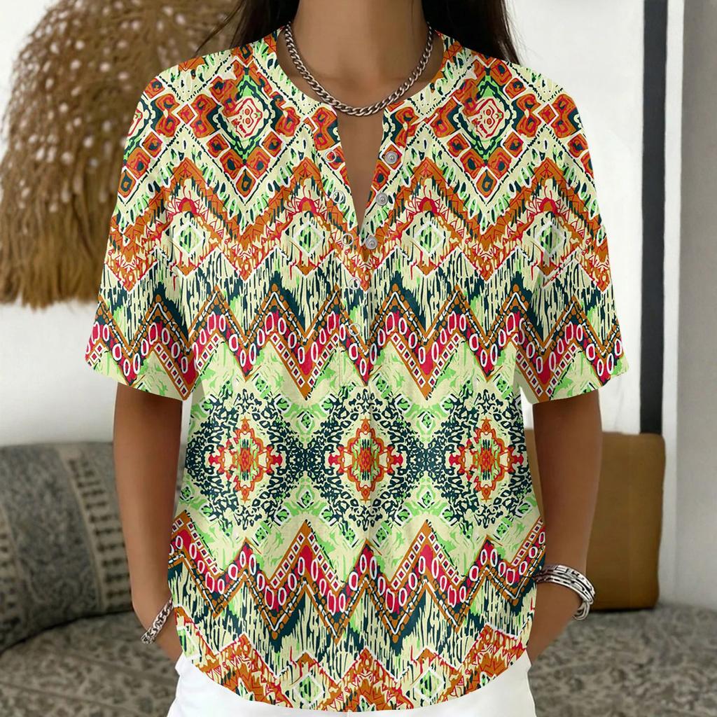 Damenmode Bedrucktes V-Ausschnitt-Shirt Kurzarm Pullover Top Leichte Lässige Bluse für den Alltag