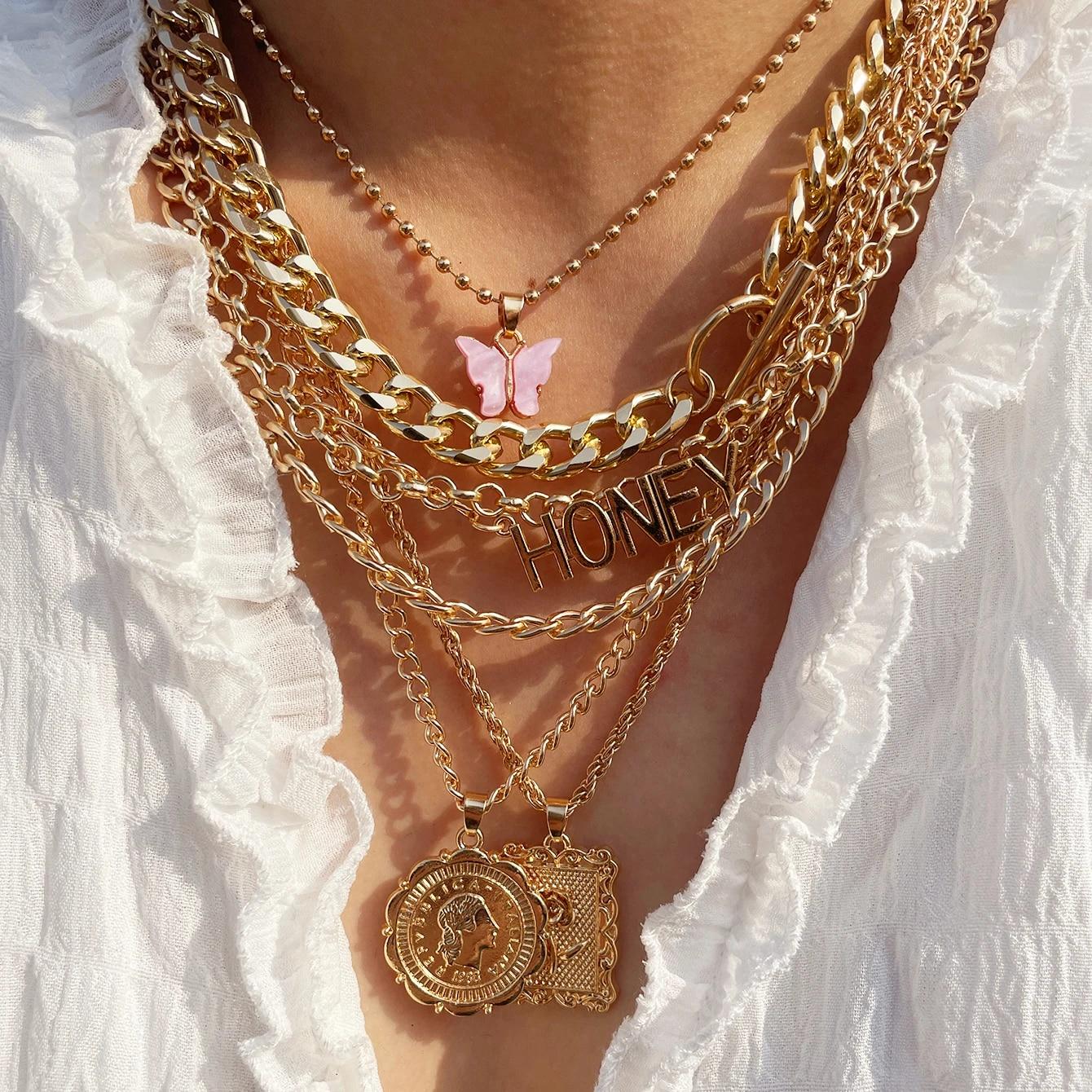 

7Pcs Punk Angel Rose Flower Butterfly Pendant Choker Necklace for Women Retro Honey OT Buckle Chain Grunge Jewelry Steampunk New