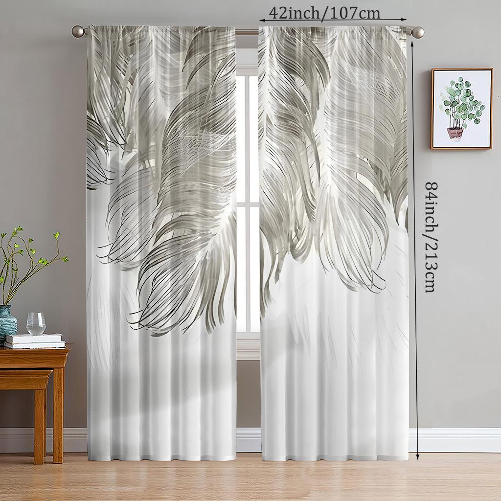 2 Pieces Of Elegant Grey Feather Printed Curtains, Through-Pole Curtains, Bedroom And Living Room Curtains,