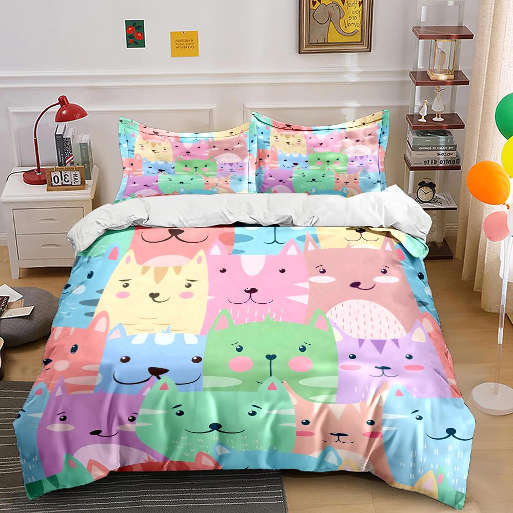 Cute Colorful Cat Illustration Print Bedding Set 1 Duvet Cover 2 Pillowcases for Adult and Children Luxury Gift Full Size 135x200cm