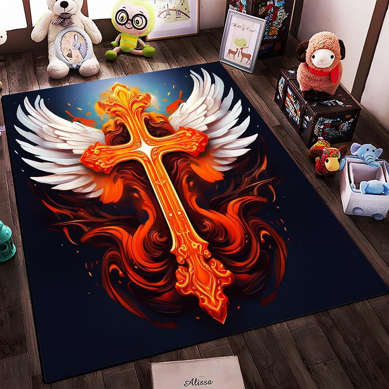 Fiery Cross with Wings Design Rug Non-slip Rug Suitable for Living Room and Bedroom Sofas.