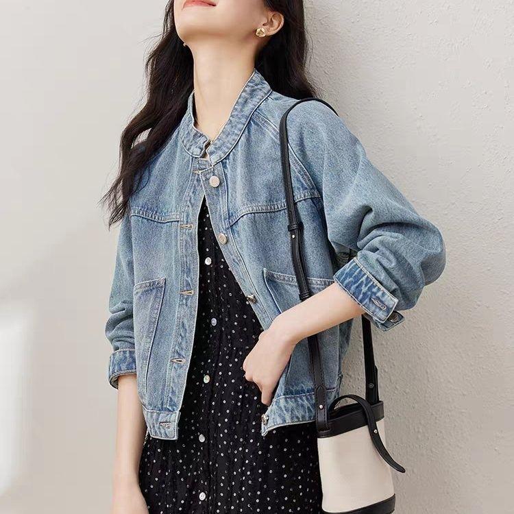 Women's Retro Washed Denim Short Jacket Stand Collar Long Sleeve Top for Autumn and Winter