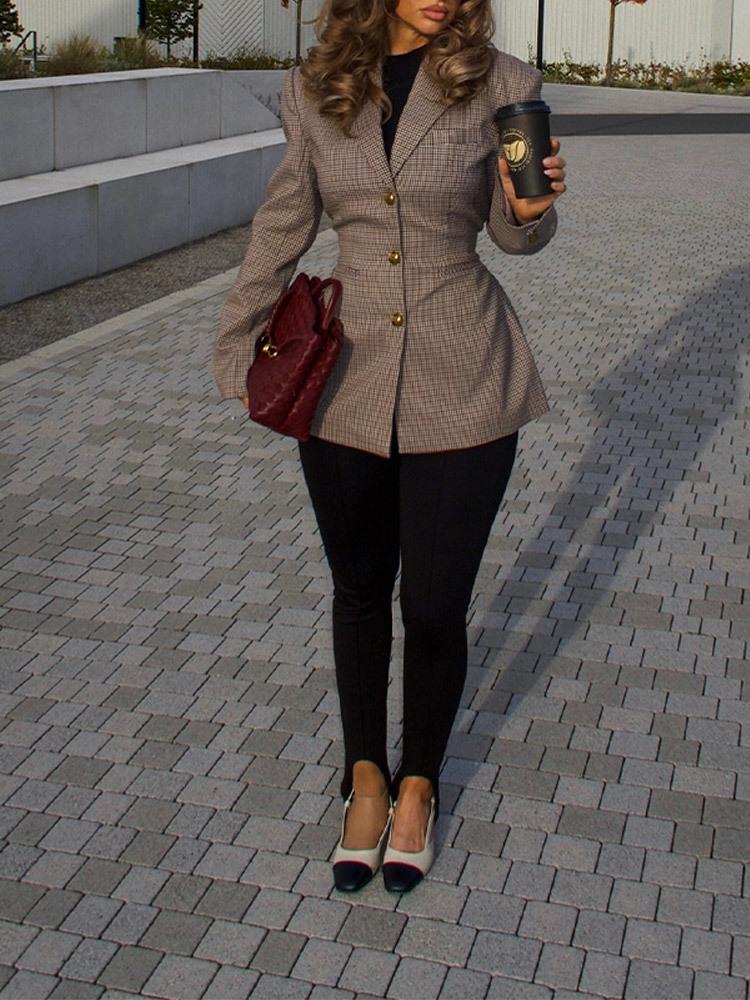2024 Euro-American Plaid Waist-Cinching Slim-Fit Coat with Long Sleeves and Turn-Down Collar for Autumn/Winter Fashion