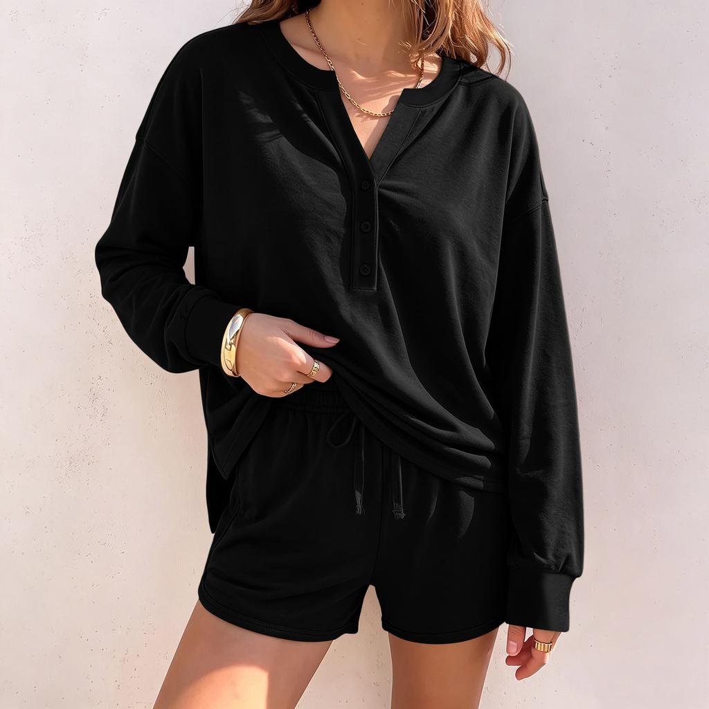 Women's Casual Long Sleeve Top and Shorts 2 Piece Set for Fall Winter