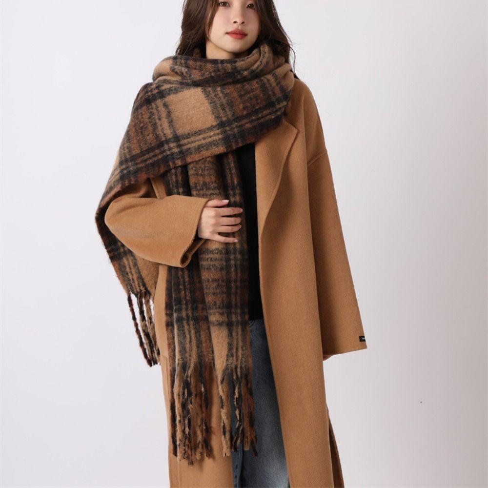 Tassel Plaid Wool Scarf Plush Long Shawl Retro Winter Cashmere Scarves  Autumn Winter