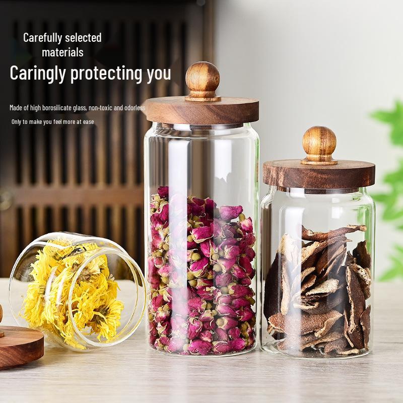 

Acacia Wood Glass Sealed Kitchen Storage Jar Transparent Jar for Tea, Snacks, Grains, Coffee Bean. Bamboo Lid, 10cm High, 650ml