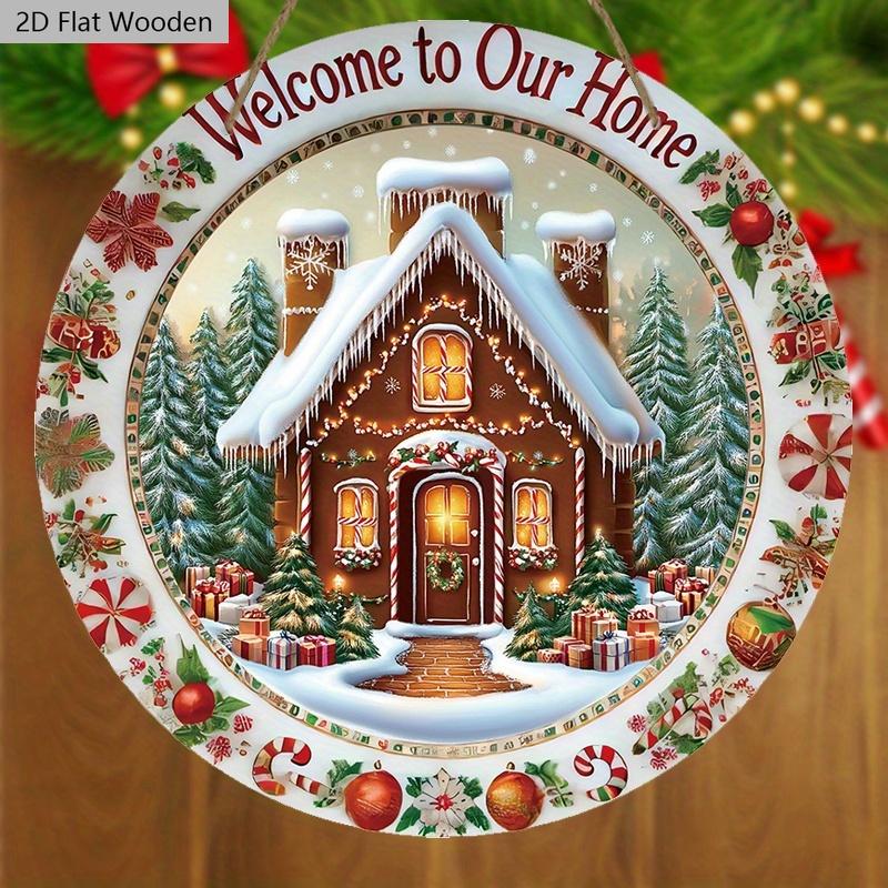 Christmas Wooden Welcome Sign with House Pattern - Navidad Round Sign for Front Door, Wall Hanging Decor - Ideal Christmas Decoration