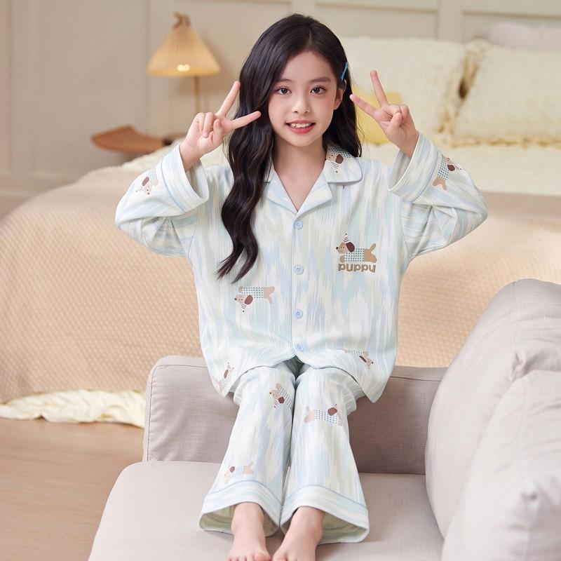 Girls Cotton Pajama Set Long Sleeve Cartoon Print Sleepwear Fall Kids Home Outfit