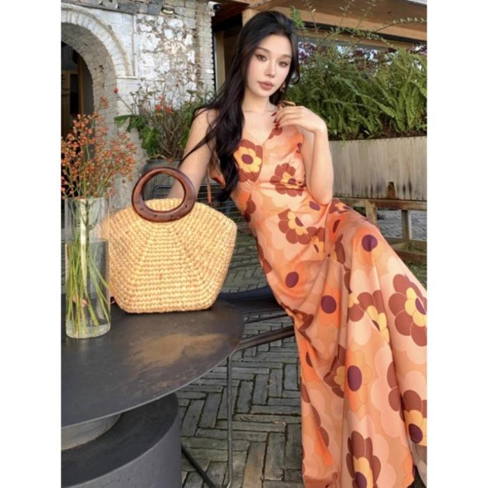 

French retro orange v-neck printed suspender dress for women s summer new seaside vacation super good-looking temperament dress S оранжевый