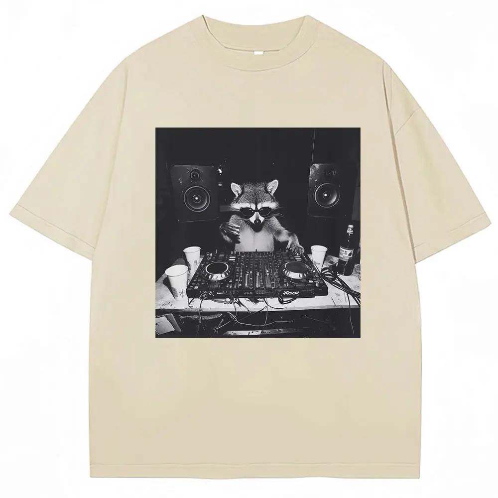 Funny raccoon DJ T-shirtfunny animal women's vintage T-shirt oversized casual streetwear T-shirt
