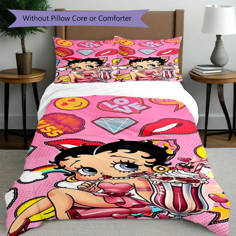 3pcs Duvet Cover Set (1*Duvet Cover + 2*Pillowcase, Without Core),Betty Boop Print Bedding Set, Bedroom Decor, All‑Season, Birthday Gift
