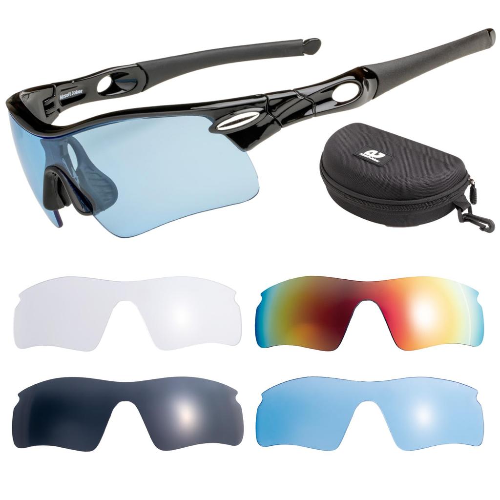 Airsoft Joker Sunglasses for Airsoft and Polarized Lenses Available Ultra-Reinforced Shooting, 5-Lens Set, (Black)