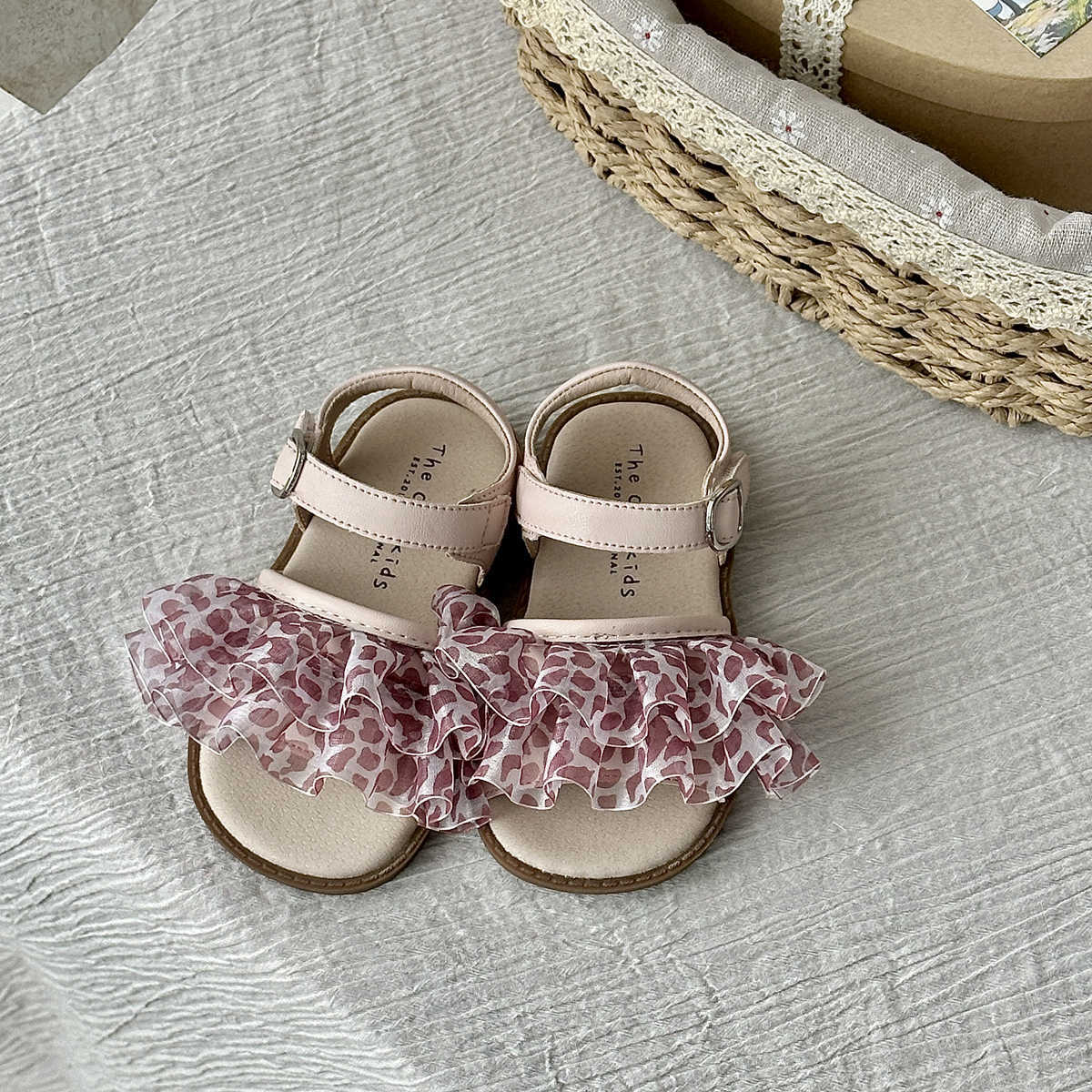 

XSHX floral polka dots Korean girl princess sandals summer open toe high-end bag heel rubber non-slip soft sole 25