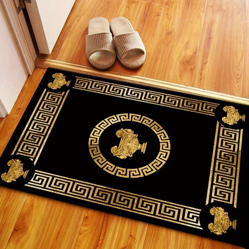 Ethnic Style Flannel Carpet Black Golden Accents Backing Lightweight Washable Rug Rectangle for Entryway Bedroom Living Room Mat