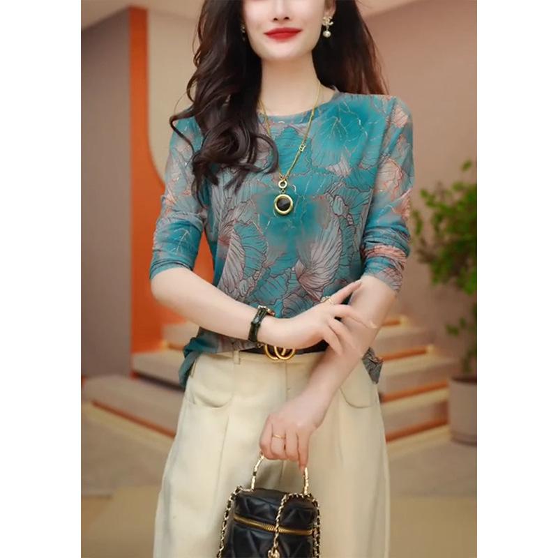 

2024 Весна Женская Шикарная Блузка с Круглым Вырезом, Сетчатыми Длинными Рукавами 2X Large