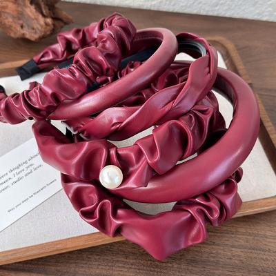 New Retro Red Leather Wide Sponge Headband Pearl Hair Band for Woman Fashion Temperament Hair Hoop Female Party Hair Accessories