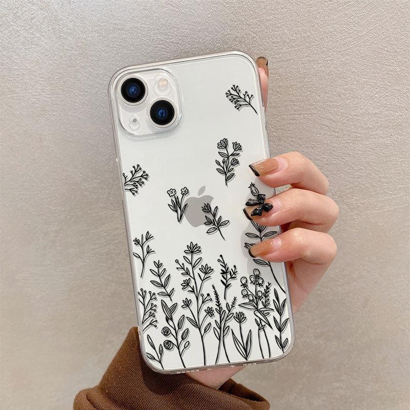 Simple lines flower apple 15promax mobile phone case new iphone14 premium 13 transparent all-inclusive soft case