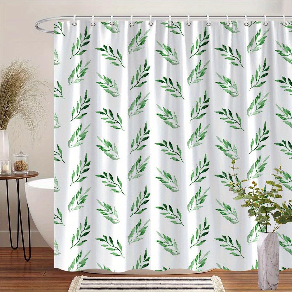 1pc Green Leaf Shower Curtain, Gradient Green on White, Fresh Natural Design, 70x70", 12 Hooks, Machine Washable Polyester