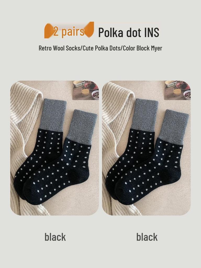 Women's Retro Polka Dot Mid-Calf Cashmere Socks - Warm & Thickened for Autumn/Winter