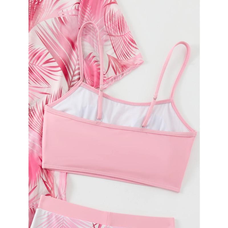 Holiday Swimsuit Tropical Palm Leaf Printed Pink Elastic Flat Leg 3-Piece Swimsuit Strap Comfortable Casual Swimsuit, Short Slee