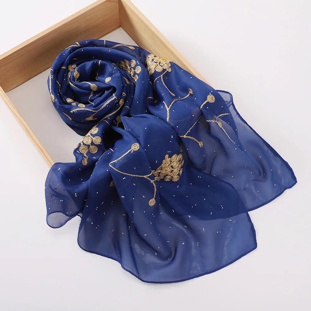 Embroidered Diamond Chiffon Scarf Hijabs For Woman Turban Shawls Scarves Head Scarf Headwraps For Women Turban Femme Bandana