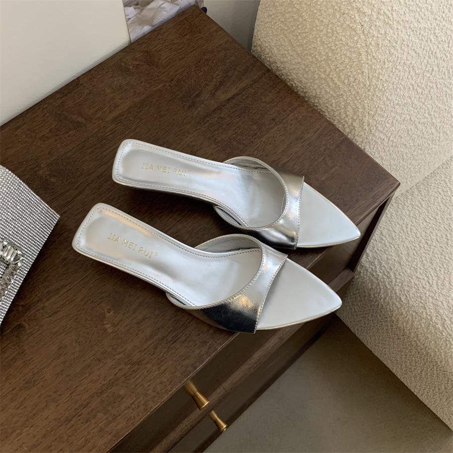 

New 2025 summer French pointed high heels women s stiletto open-toed shallow mouth slippers wearing sandals women 39 срібний