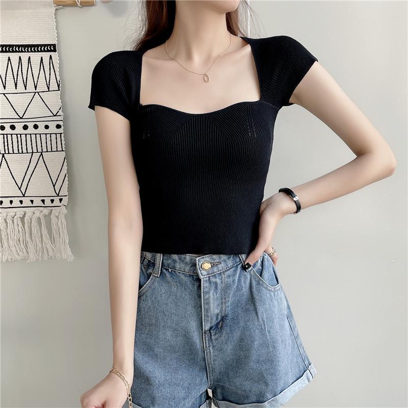 Actual Price Summer Sexy Arc Neckline Knit Shirt Short Section Navel Short-sleeved Tops Casual Essential Comfort and Style Slim Fit Pullovers Tees