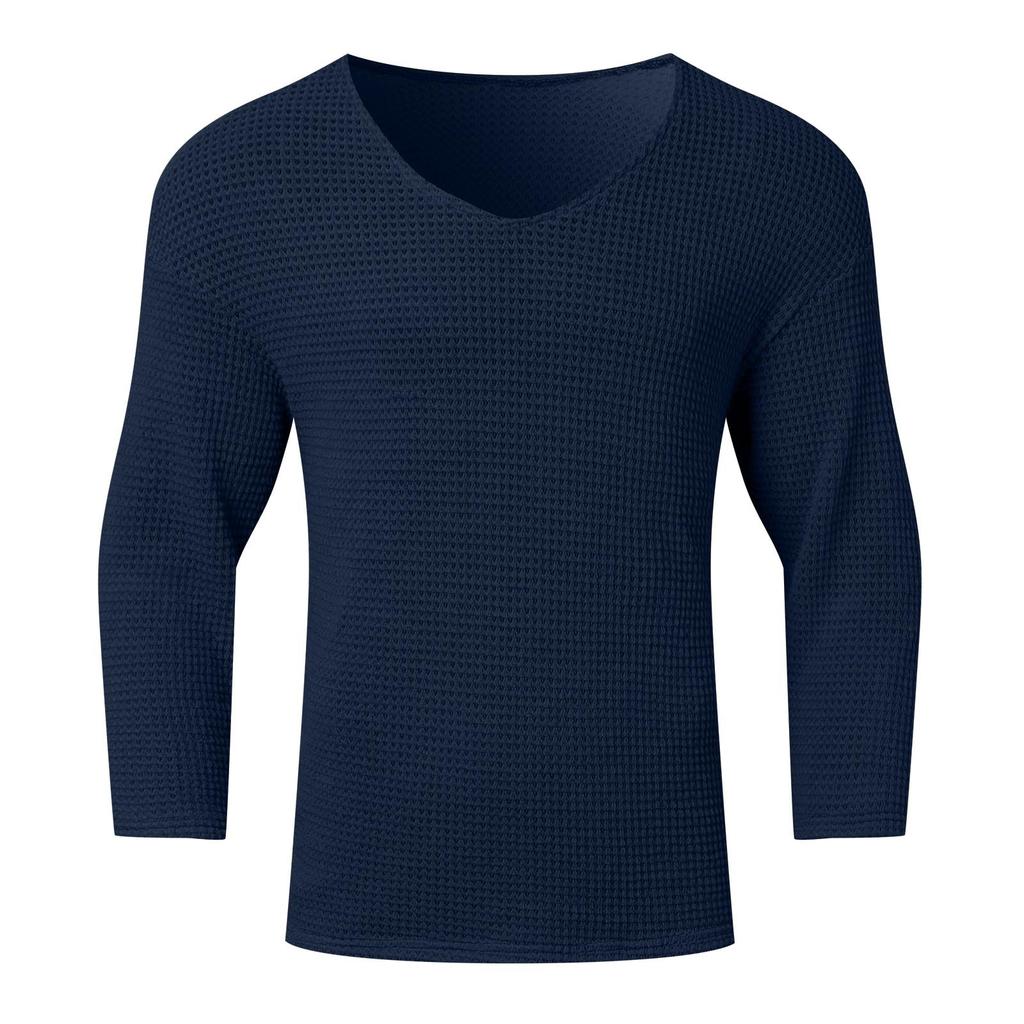 Spring Men's Fashion Knit T-Shirt Solid Color V-Neck Long Sleeve Leisure Streetwear Popular Hollow Out Loose Tees