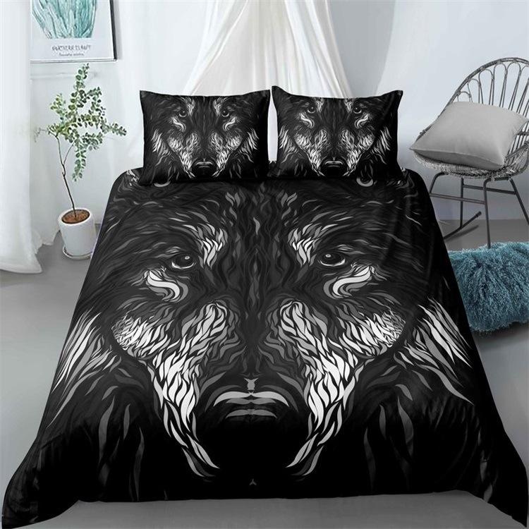 Wolf Howl Under The Moon Three-Piece 3D Digital Printing Quilt Cover Pillowcase Bedding