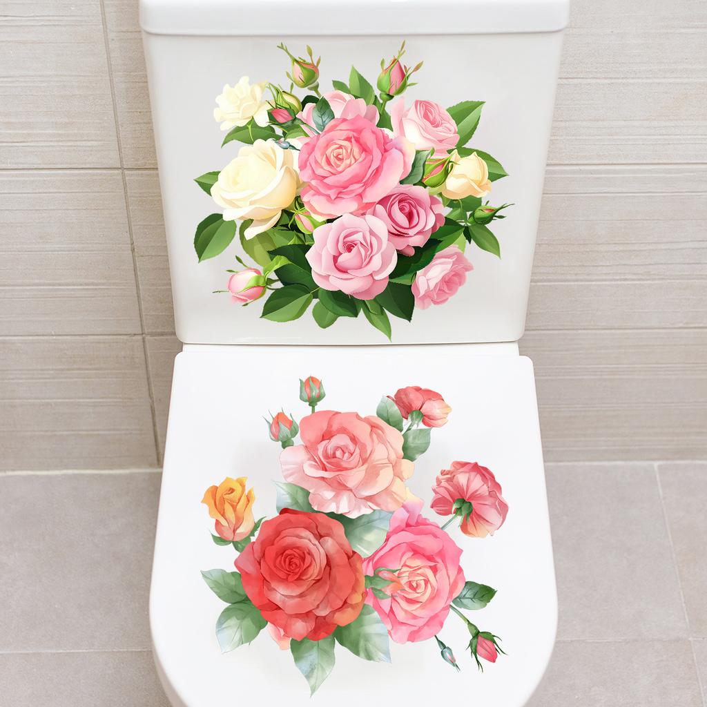 Hand Painted Pink White Flowers Toilet Sticker Self-Adhesive Removable for Bathroom Decoration