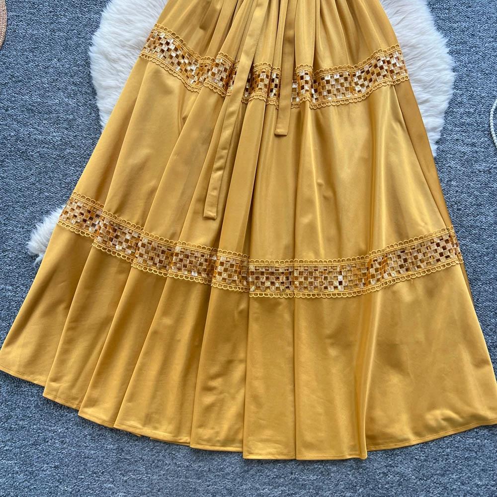 High-End Heavywork Lacing Paillette-Panel Waist-Banding Lantern Sleeve Maxi Dress for Women Autumn Charming Long Women Dress