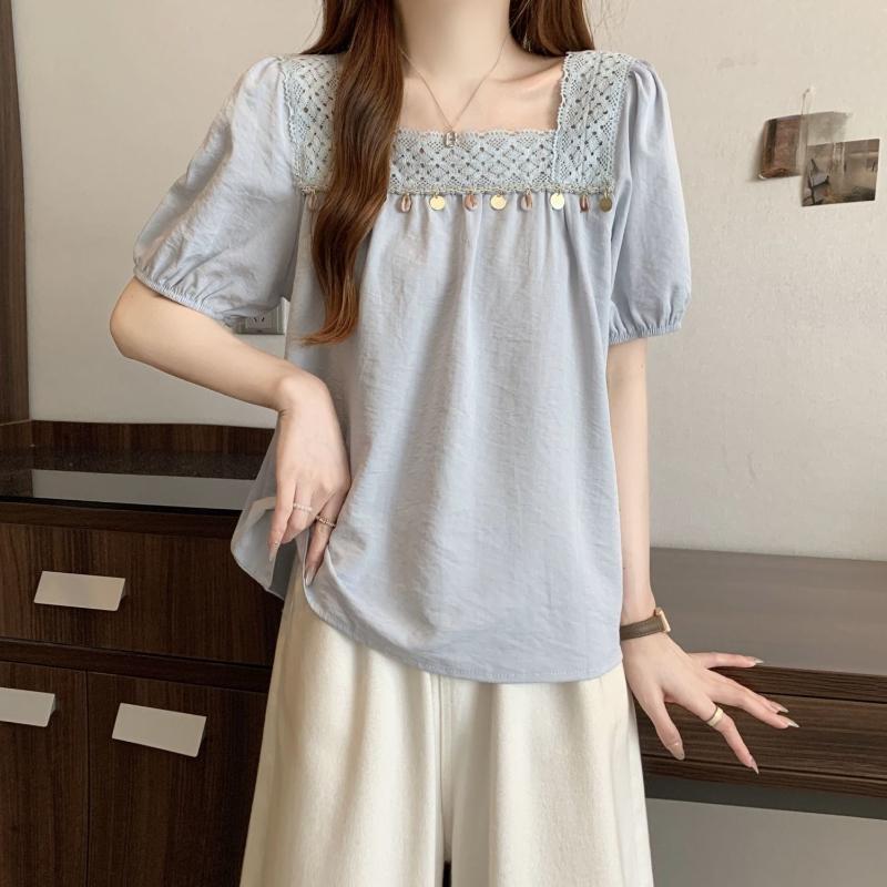 Square Neck Women's Short Sleeved Tees Chic Collar Design Versatile T-shirts Korean Sweet Style Ladies Clothing