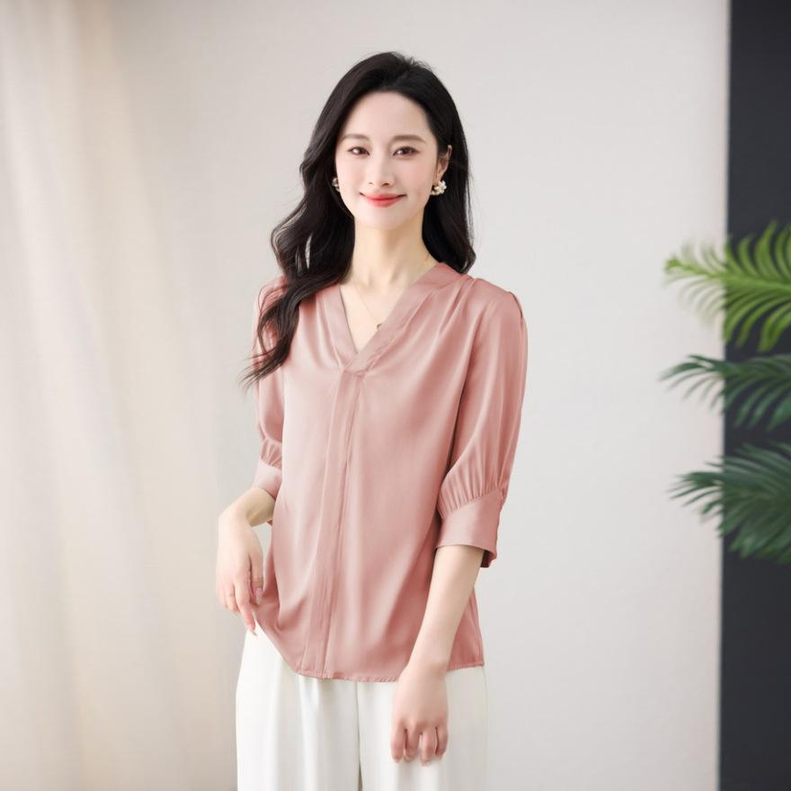 

Тяжелый шелковый топ женский с рукавом три четверти новая мода V-образный вырез шелк тутовый прикрывающая живот рубашка XXXL
