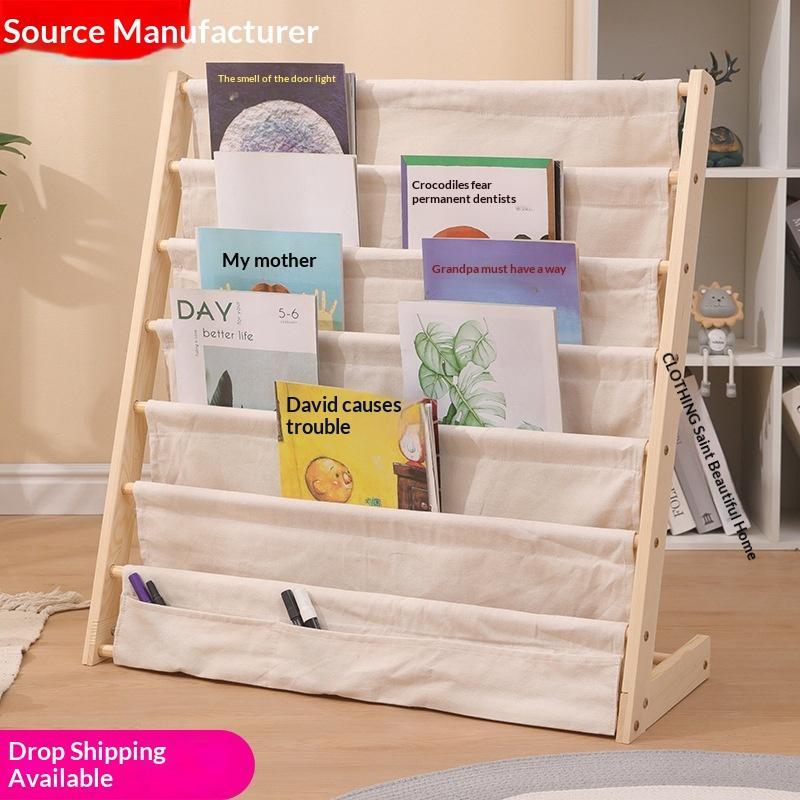 Solid Wood Kids Sling Bookshelf With Canvas Pockets And Large Capacity Perfect For Nursery Playroom Bedroom