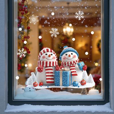 Yousheng Weihnachtsfensteraufkleber Abnehmbar Wasserdicht PVC Weihnachten Schneemann Statische Glasfolie Feiertags-Partydekoration Aufkleber