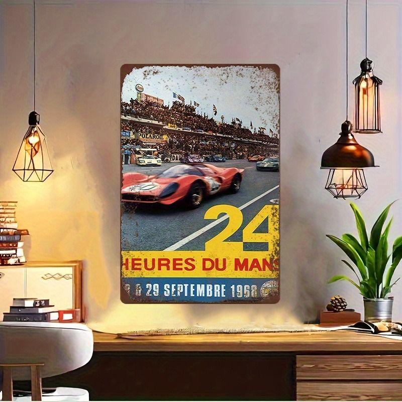 Racing Car Retro Style Metal Decorative Painting for Garage Room Decor