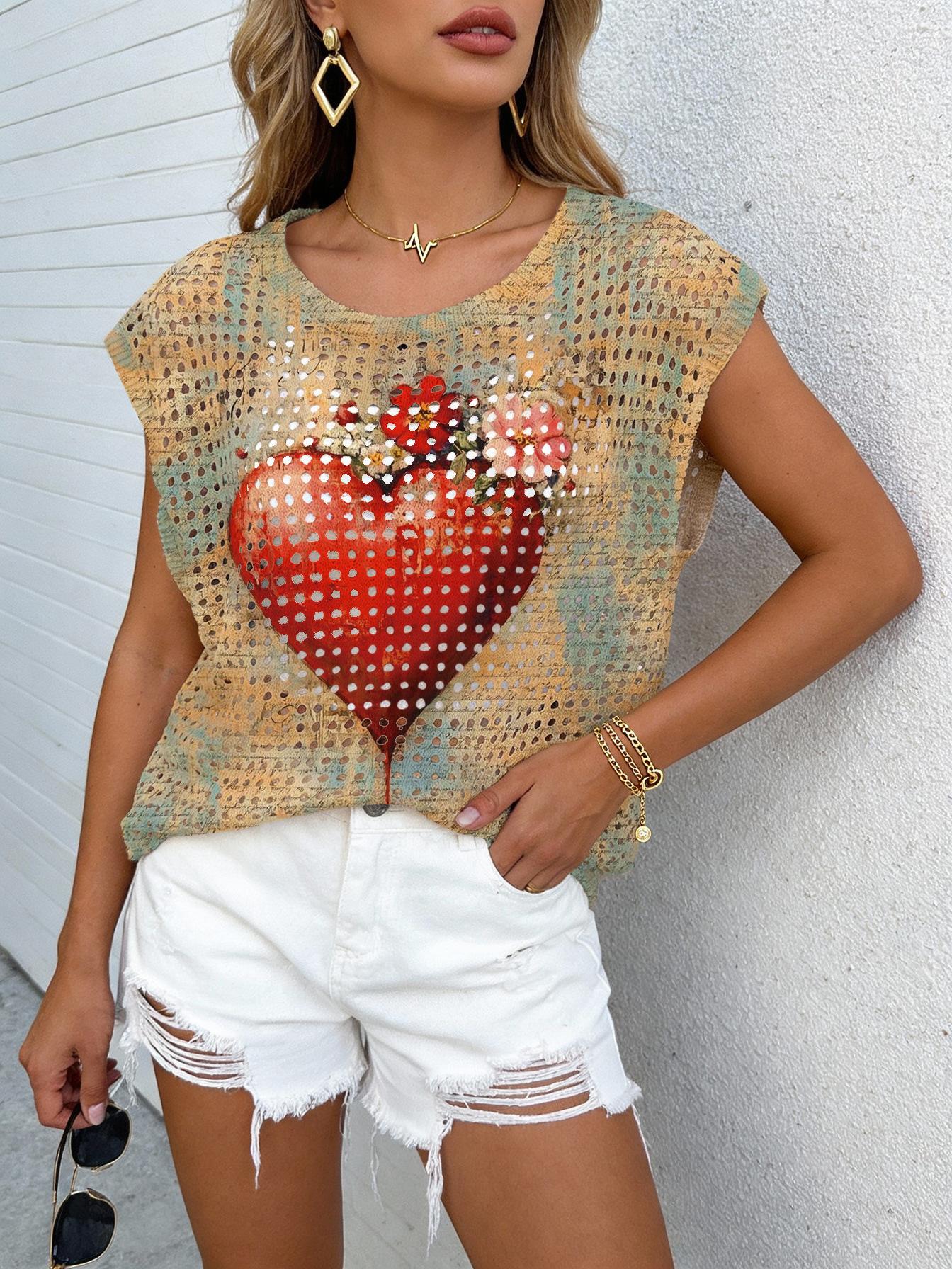 Popular European and American women s clothing summer new street fashion 3D digital printing hollow sweater S