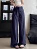 Navy Blue Textured Wide-Leg Petite Pants for Women 145cm - XS, Spring & Autumn Casual Workwear