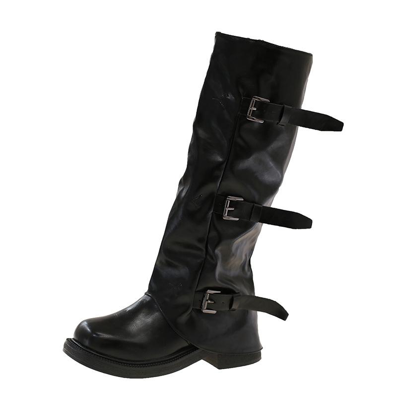 

Popular niche design belt buckle black stacking boots 2025 new retro versatile western jeans tube boots 40