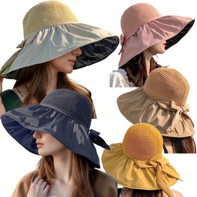 Women's Summer Sun Hat with Wide Brim, UV Protection Beach Cap, Fashionable Hollow Straw Design