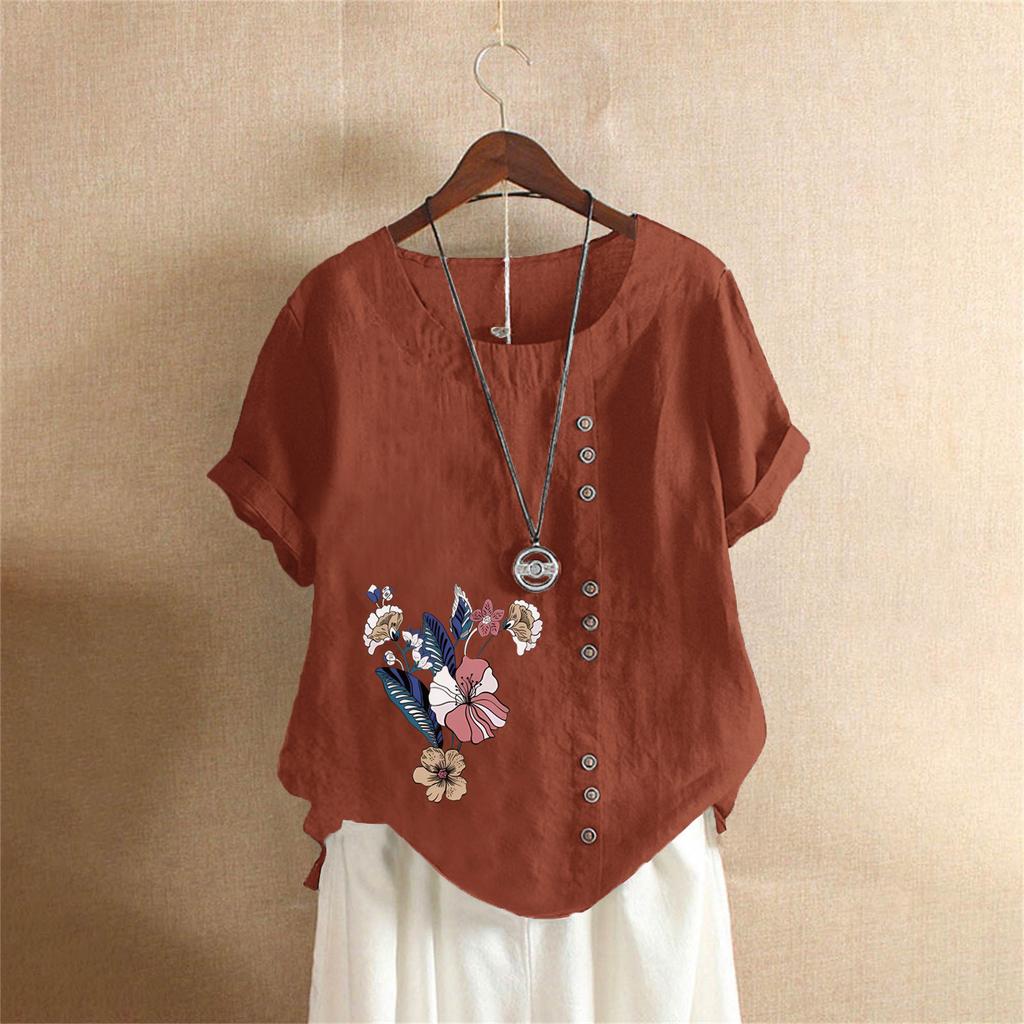 Letnia oversize'owa bawełniano-lniana koszulka z krótkim rękawem, Bawełniano-lniana drukowana oversize'owa odzież damska