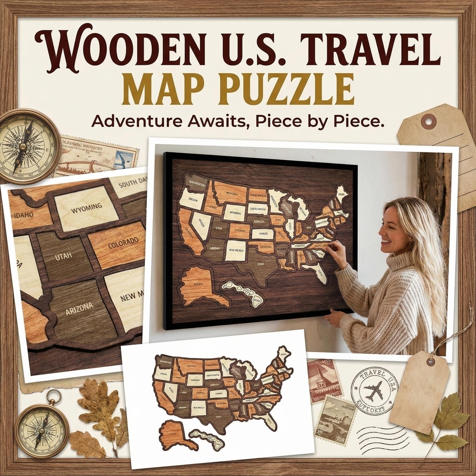 

Map Puzzle, Wooden USA Travel Map Puzzle, Record Your Journey, Beautiful Memories, Home Décor, Unique Gift. One Size