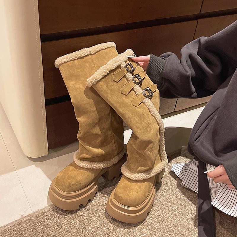 High Snow Boots Winter New Round Toe Scrub Fleece Metal Buckle Platform Non-slip Block Heel Cotton Shoes
