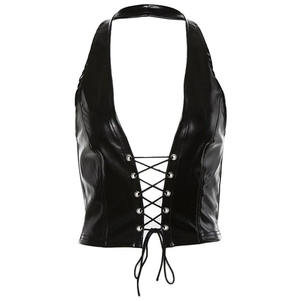 Women's Sexy Hollow Out Leather Lingerie Leather Cut Out Sexy Bandage Hanging Neck